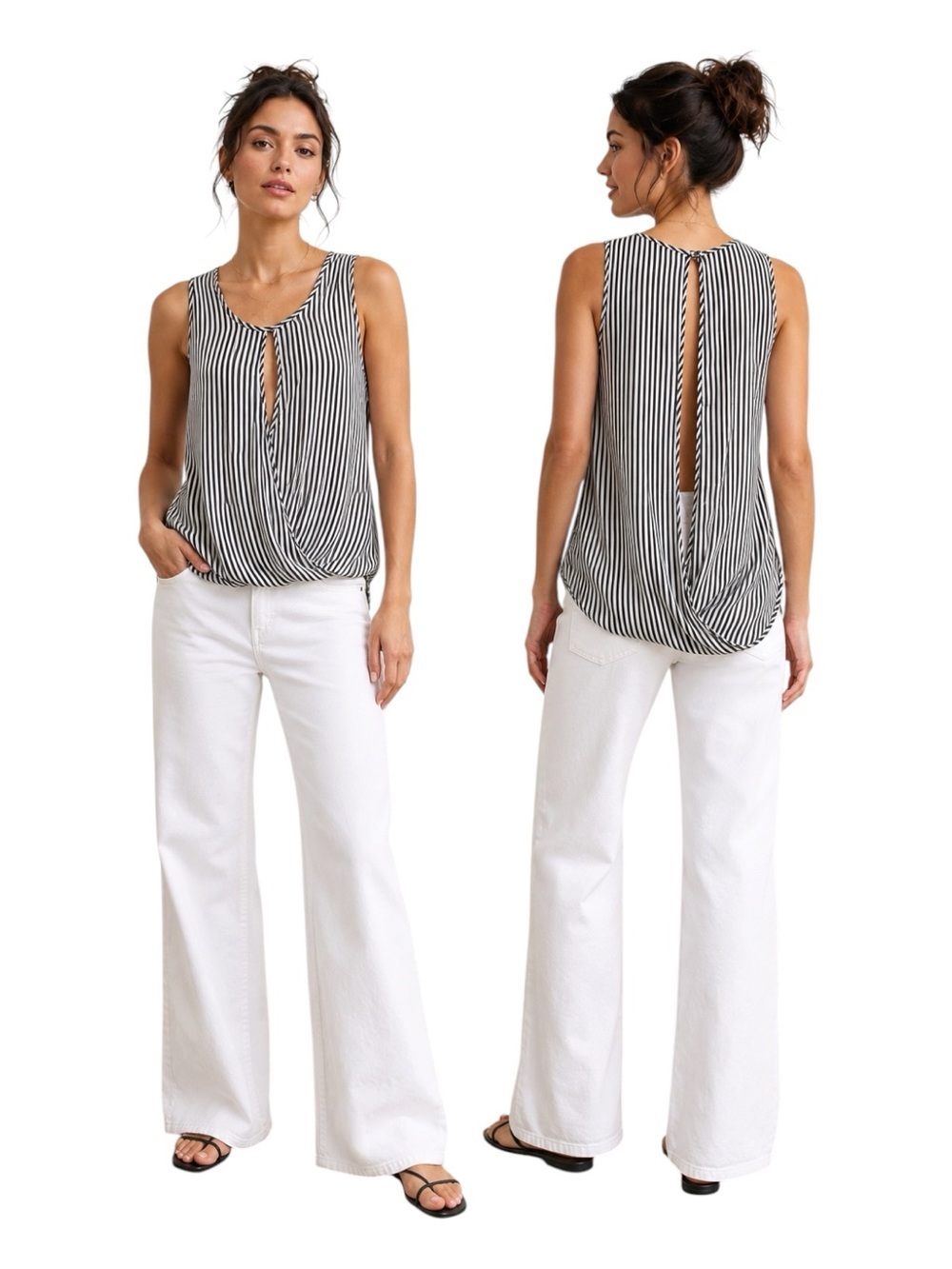 Y2K Guess Pleione Black & White Striped Sleeveless Surplice Keyhole Blouse Small